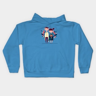 Illustration of confident couple standing with flowers on the blue background Kids Hoodie